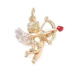Golden Brass with Red Enamel Pendants, Cupid with Arrow Charms, Golden, 19x18x5mm, Hole: 3.5mm