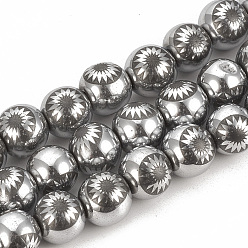 Platinum Plated Electroplate Non-magnetic Synthetic Hematite Beads Strands, Round with Flower, Platinum Plated, 9.5~10x10~11mm, Hole: 1.5mm, about 40pcs/strand, 15.7 inch