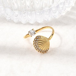 Shell Shape 304 Открытые кольца-манжеты из нержавеющей стали с микропаве из кубического циркония, золотые, формы раковины, 17 мм