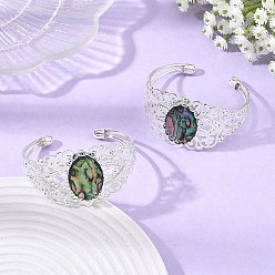 Silver Oval Natural Paua Shell Brass Hollow Floral Cuff Bangles for Women, Silver, Inner Diameter: 1.97x2.15 inch(5x5.45cm) 