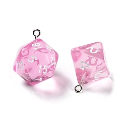 Pearl Pink 7Pcs 7 Styles Transparent Resin Polyhedral Dice Pendants Set, Multi-Sided Dice Charms with Platinum Plated Iron Loops, Mixed Shapes, Pearl Pink, 20~28x19~24x17~24mm, Hole: 2mm, 1pc/style