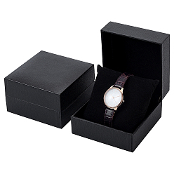 Черный Черные бумажные коробки для часов с откидной крышкой и подушечкой внутри, квадратный, чёрные, 10x10x6.3 см