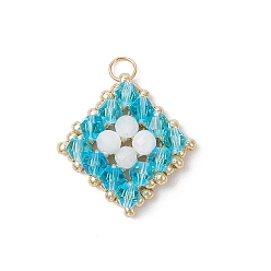 Темно-Голубой Подвески из стекла ручной работы и натурального радужного лунного камня, ромб, со стеклянными семенами и 304 кольцами из нержавеющей стали, граненые, глубокое синее небо, 19x19x5 мм, отверстие : 3 мм