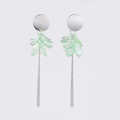 Green Transparent Acrylic Dangle Earring, with 304 Stainless Steel Stud Earring Findings and Cable Chains, Petal, Green, 109mm, Pin: 0.8mm