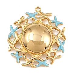 Sky Blue 304 Stainless Steel Enamel Pendants, Ion Plating(IP), Flower Charms, Real 18K Gold Plated, Sky Blue, 31.5x28x8.5mm, Hole: 1.6mm