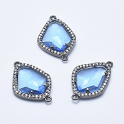 Васильковый Латунные микро проложить кубических ссылки циркония, со стеклом, граненые, слеза, металлический черный , васильковый, 27x18x4.5 мм, отверстие : 1.4 мм