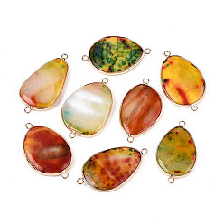 Оранжевый Подвески-коннекторы из натурального агата с паве из латуни, самородки ссылки, золотые, оранжевые, 41.9~47.2x24.9~29.2x4.5~6 мм, отверстие : 2.2 мм