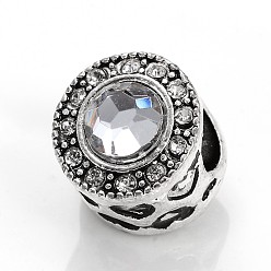 Прозрачный Античный серебряный тон плоские круглые с сердцем сплава акриловые европейских крупных бусин отверстий, со стразами, прозрачные, 12x11 мм, отверстие : 4.5 мм