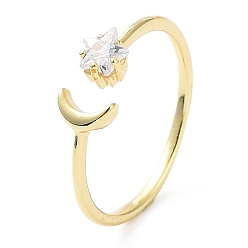 Золотой Кольца-манжеты из латуни с микропаве из прозрачного кубического циркония, открытое кольцо с луной для женщин, долговечный, золотые, 1.5 мм, внутренний диаметр: 16 мм