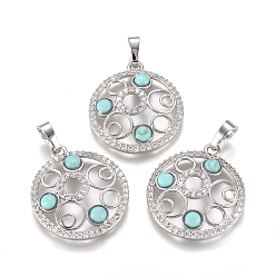 Synthetic Turquoise Synthetic Turquoise Pendants, with Platinum Tone Brass Findings and Crystal Rhinestone, Flat Round, 29x25.5x4.5mm, Hole: 4.5x8mm