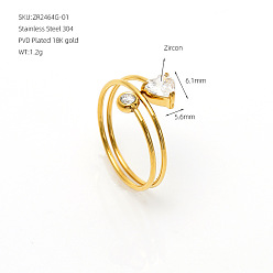 Clear 304 Stainless Steel Pave Cubic Zirconia Cuff Open Rings, Heart, Golden, Clear, US Size 7 1/4(17.5mm)
