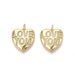 Настоящее золото 16K Латунные микро проложить кубического циркония подвески, Сердце и слово, любовь к тебе, чары, прозрачные, реальный 16 k позолоченный, 18x16.5x4 мм, отверстие : 3 мм