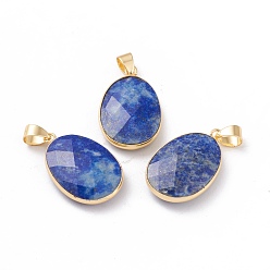Lapis Lazuli Natural Lapis Lazuli Pendants, with Brass Edge & Bails, Oval, Faceted, Golden, 27x17x6.5mm, Hole: 5.5x3.5mm