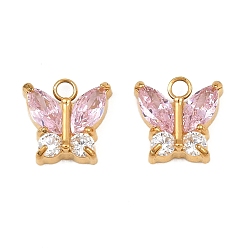 Pink 304 подвески из нержавеющей стали с кубическим цирконием, бабочки прелести, ионное покрытие (ip), реальный 18 k позолоченный, розовые, 9x9x3 мм, отверстие : 1.5 мм