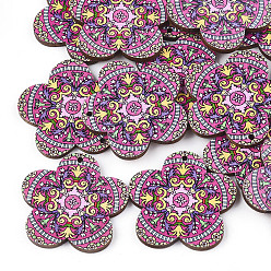 Hot Pink Printed Basswood Pendants, Back Random Color, Flower, Hot Pink, 33.5x34.5x3mm, Hole: 1.5mm