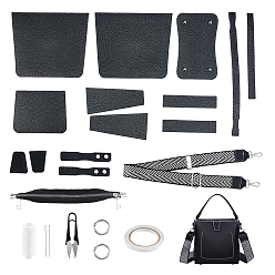 Black DIY PU Leather Knitting Crochet Bucket Bags, including Bottom & Cover, Shoulder Strap, Pliers, Double Sided Adhesive Tape, Key Ring, Wax Cord, Zipper, Black, 79~124x3.7x0.1cm