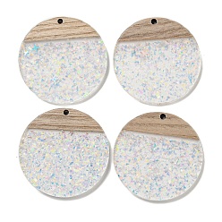 Прозрачный АВ Деревянные подвески, смола и золотая фольга, плоско-круглые, ясно AB, 38.5x4 мм, отверстие : 2 мм