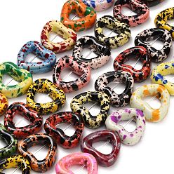 Mixed Color Handmade Porcelain Beads Strands, Speckled Heart, Bright Glazed Porcelain, Mixed Color, 13~14x14.5x5.5mm, Hole: 1.2mm, about 30pcs/strand, 15.35''(39cm)