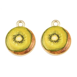 Amarillo de Verde Colgantes de la aleación impresos, encantos de kiwi, chapado en rack, dorado, verde amarillo, 18x15x3.5 mm, agujero: 1.8 mm