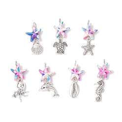 Темно-Голубой 7 шт. 7 стили окрашенные синтетические бирюзовые морские звезды и сплав морских животных подвески, морские подвески с петлями из медной проволоки, античное серебро, глубокое синее небо, 27~37x14~18x5 мм, отверстие : 2.5 мм, 1 шт / стиль