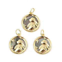 Настоящее золото 18K Подвески из натуральной латуни с паве из ракушек пауа/ракушек абалона, плоский круглый с подвесками в виде кролика, стойки покрытие, с прыжковых колец, реальный 18 k позолоченный, 16.5x14.5x3.5 мм, отверстие : 3.5 мм