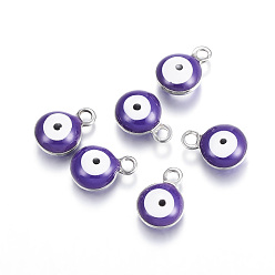 Purple 304 Stainless Steel Enamel Charms, Flat Round with Evil Eye, Stainless Steel Color, Purple, 8.5x6x4mm, Hole: 1mm