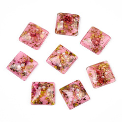 Hot Pink Transparent Resin Cabochons, with Flower & Gold/Silver Foil, Square, Hot Pink, 16x16x6mm