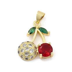 Вишня Латунные микро проложить кубического циркония подвески, без кадмия и без свинца, реальный 18 k позолоченный, вишня, 20x17x5 мм, отверстие : 5x3.5 мм