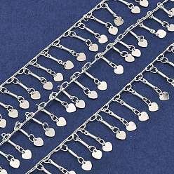 Silver Rack Plating Brass Link Chains, with Heart Charms, Long-Lasting Plated, Nickel Free, Soldered, with Spool, Silver, 8x2x1mm, about 32.81 Feet(10m)/Roll