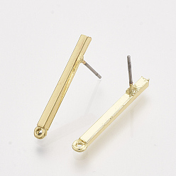 Light Gold Alloy Stud Earring Findings, with Steel Pins and Loop, Rectangle, Light Gold, 24.5x3mm, Hole: 1.2mm, Pin: 0.7mm
