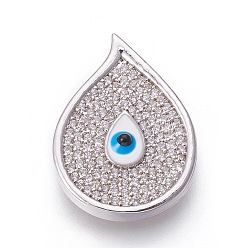 Платина Латунные микро проложить кубического циркония подвески, эмалью сглаза, слеза, прозрачные, платина, 22.5x16x3.5 мм, отверстие : 1.5~2 мм