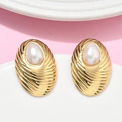 Oval 201 из нержавеющей стали серьги, с 304 штифтом из нержавеющей стали и имитацией жемчуга из АБС-пластика, вакуумное покрытие pvd, овальные, 18.5x28 мм