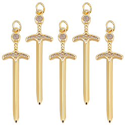 Настоящее золото 16K 5 кулоны из латуни с прозрачным кубическим цирконием, с прыжковых колец, без никеля , шарм в форме меча, реальный 16 k позолоченный, 43x12x2.5 мм, отверстие : 3 мм