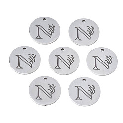 Letter N Anlaufgeschützt 304 Charms aus Edelstahl, Laserschnitt, gestalteter Buchstabe eingraviert, Flachrund, Edelstahl Farbe, letter.n, 14x1 mm, Bohrung: 1.2 mm