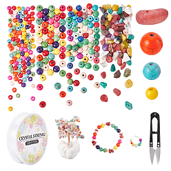 Mixed Color DIY Jewelry Making Kits, Including Natural Mixed Stone Chip & Synthetic Turquoise Beads, Elastic Crystal Thread and Sharp Steel Scissors, Mixed Color, 4mm, Hole: 1mm, about 110pcs/strand, 15.6 inch, 1strand/set