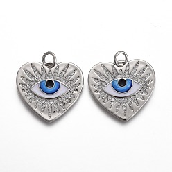 Платинированный Латунные микропаве прозрачные подвески с фианитом, с цветной эмалью и прыжковыми кольцами, долговечный, сердце с конским глазом, Реальная платина, 19x21x2 мм, отверстие : 3 мм