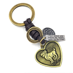 Aries Heart with Constellations Antique Bronze Alloy Keychains, with Leather Cords, Aries, 10cm