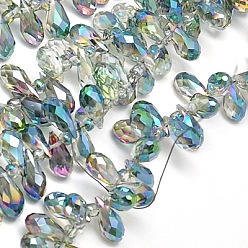 Аква Стеклянные бусины с гальваническим покрытием , с половиным покрытием цвета радуги, граненые, слеза, вода, 12x6 мм, отверстие : 1 мм
