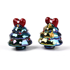 Темно-Зеленый Непрозрачные акриловые бусины с УФ-покрытием, радужный, рождественская елка с сердцем, темно-зеленый, 34x27~28x27~28 мм, отверстие : 2.5~2.8 мм