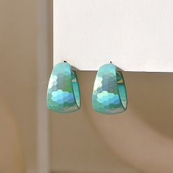 Turquoise Acrylic & Stainless Steel Stud Earrings for Women, Half Hoop Earrings, Turquoise, 31x31mm