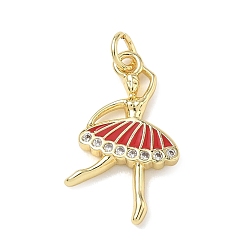 Golden Brass with Crystal Rhinestone & Red Enamel Pendants, Ballerina Charms, Golden, 23x14.5x3mm, Hole: 3mm