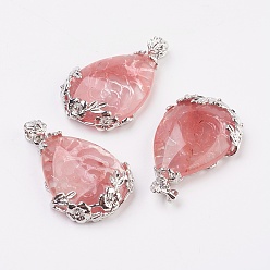 Стеклянный Камень Арбуза Валентина подарки идеи для парней арбуз каменные стеклянные подвески, с латунной фурнитурой , капля, платина, 38~41x26x8 мм, отверстие : 5x4 мм