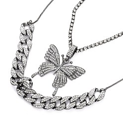 Gunmetal Alloy Rhinestone Pendant Necklaces & Adjustable Slider Necklaces Sets, with Box Chains and Curb Chains, Butterfly, Gunmetal, 15.7 inch(40cm), 30.7 inch(78cm), 2pcs/set