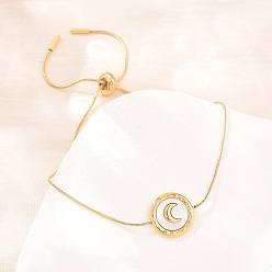 Золотой Регулируемые 304 браслеты-цепочки из нержавеющей стали в форме змеи, Натуральная белая ракушка, плоская круглая, украшение в виде луны для женщин., ионное покрытие (ip), долговечный, золотые, 10.24 дюйм (26 см)