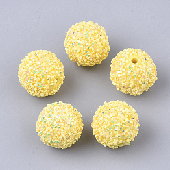 Yellow Acrylic Beads, Glitter Beads,with Sequins/Paillette, Round, Yellow, 19.5~20x19mm, Hole: 2.5mm