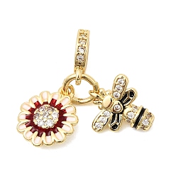 Цветок Латунное микропейв с кубическим цирконием европейские подвески с подвесками, Подвески с большими отверстиями и эмалью из огнеупорного кирпича, настоящее золото 18к позолота, без кадмия и без свинца, долговечный, стойки покрытие, цветок, 23 мм, отверстие : 4 мм