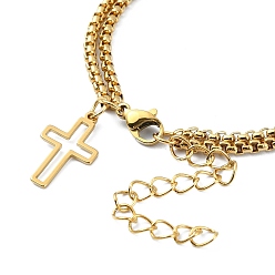 Golden 304 Stainless Steel Hollow Cross Charm Bracelet with Double Layer Box Chains, Golden, 7-1/2 inch(18.9cm)