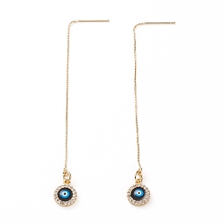 Real 18K Gold Plated Brass Stud Earrings, Ear Thread, with Brass Micro Pave Clear Cubic Zirconia Charms, Eyes, Real 18K Gold Plated, 96mm, Pin: 0.8mm