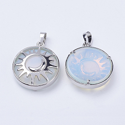 Opalite Opalite Pendants, with Brass Findings, Flat Round with Sun & Moon, Platinum, 31x27.5x8mm, Hole: 5x7mm