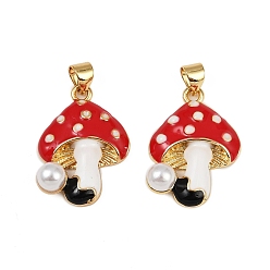 Настоящее золото 18K Латунные подвески, без кадмия, без никеля и без свинца, с эмалью и бусинами из искусственного жемчуга, грибные прелести, реальный 18 k позолоченный, 22x17x6 мм, отверстие : 4.5x3 мм